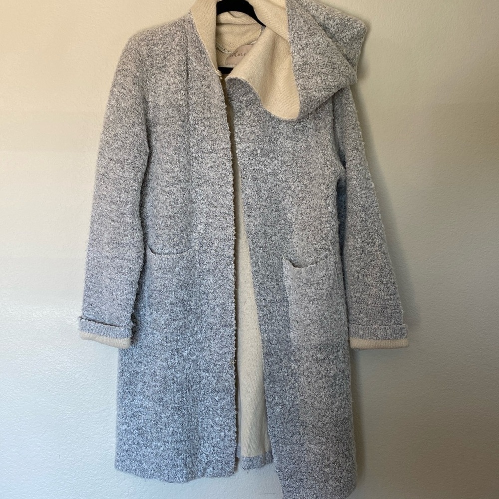 Ethereal by Paper Crane long duster hooded sweater grey white EUC
